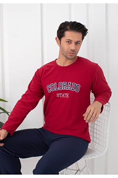 Serena Men's winter pajamas in cherry red & navy blue "COLORADO STATE" - fleece material