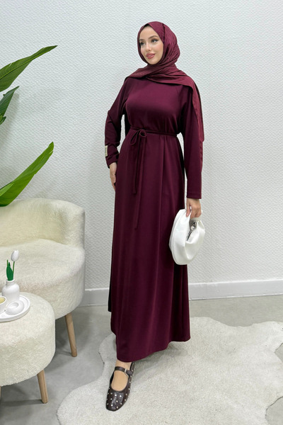 Tesettür Diyarı Φόρεμα Yade με Ζώνη από Ύφασμα Modal - Βουργουνδί