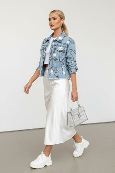 Kübra Tekstil Jachetă de blugi crop pentru femei, cu mâneci lungi, cu nasturi albastre, cu imprimeu - Jachetă pentru femei de sezon nou