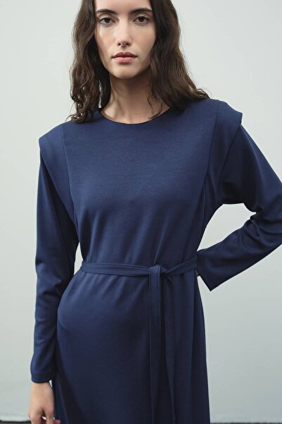 Hooopstore Aller Detailed Compact Cotton Navy Blue Dress