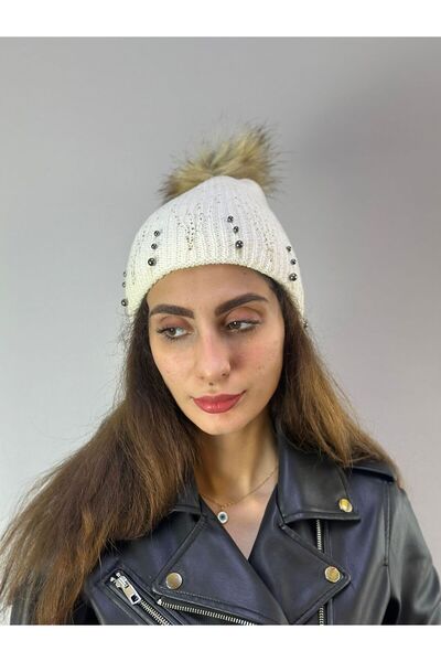 Gönülden Tasarım Stone Bead Embroidered Women's Beanie with Pompon