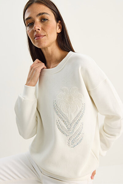 Bianco Lucci Дамска велосипедна блуза с флорална бродерия и три нишки Шерпа 60601052