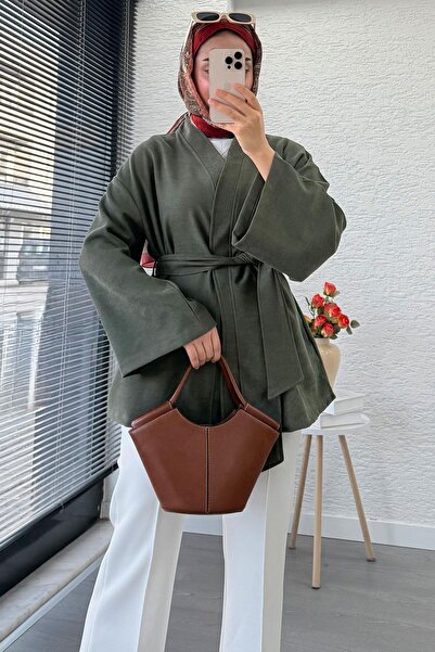 MELEK ARAZ Premium Gabardine Short Kimono with Flywheel Detail on the Sleeves – Khaki