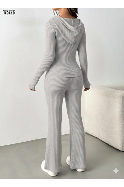 moda wanilia Women's Ribbed Knit Hooded Zippered Double Set – Blouse & Pants