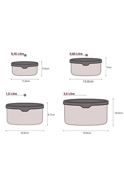 grimorlife 4 Leak-Proof Round Food Storage Containers 0.45 Lt + 0.80 Lt + 1.5 Lt + 2.5 Lt. Beige