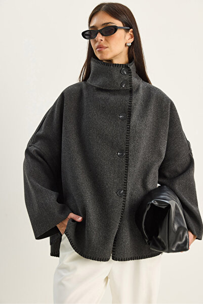 Bianco Lucci Women's Crochet Detailed Coat with Mock Neck Pockets and Oversized Buttons 0317 60283769