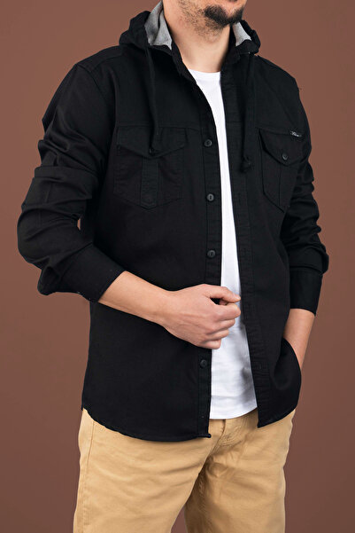 bombe Men's Slim Fit Hooded Denim Shirt Black