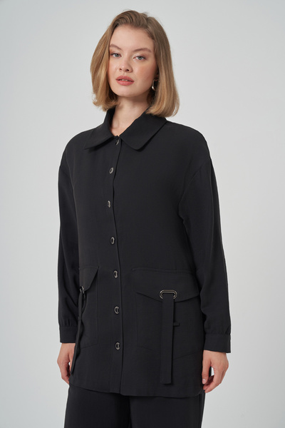 Nuss Snap Fastener and Pocket Detail Shirt Pants Set 1025 Black