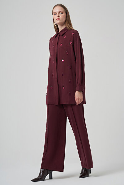 Nuss Pul Detail Shirt Pants Set 1031 Plum