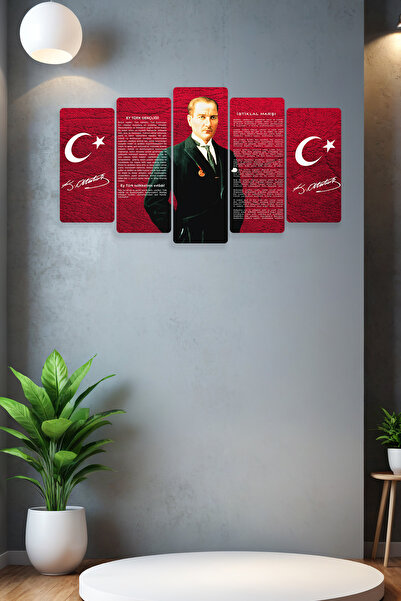 Dekorvia Atatürk İstiklal Marşı ve Gençliğe Hitabe 5 Parçalı Mdf Tablo