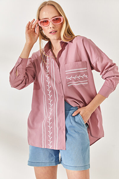 Olalook Women's Dusty Rose Pocket Detailed Printed Boyfriend Woven Shirt Gml-19001398