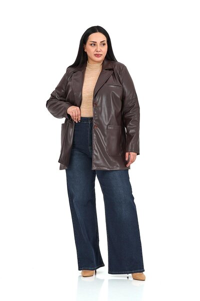 DISENTIS MODEST Plus Size Buttoned Lined Dark Brown Faux Leather Jacket with Bag Pockets