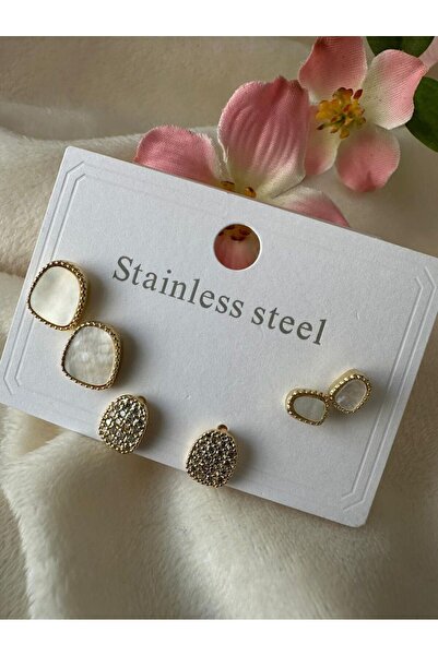 GAMZELİRENKLERİM Multiple Earrings with Seeds and Zircon Stone Steel Silver C...