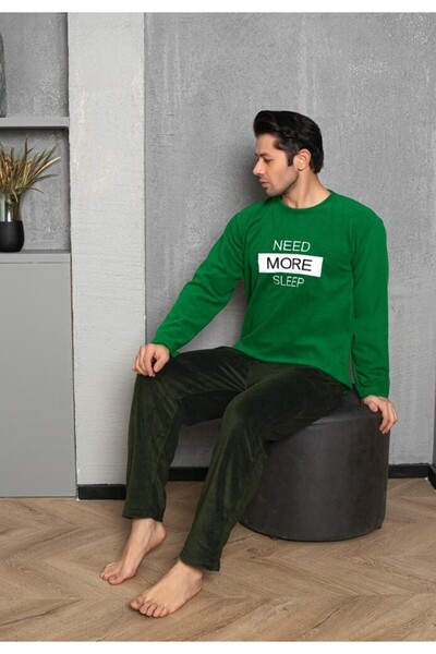 Serena Men's pajamas for the cold season green & dark green "NEED MORE SLEEP" - polar material