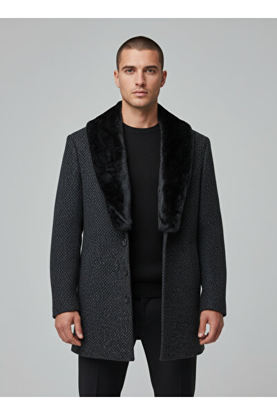 Brango Men's Shawl Fur Collar Stamp Coat