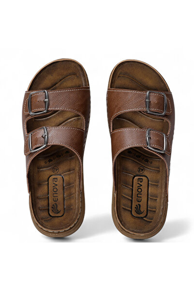 Enova Men's Orthopedic Comfortable Sole Faux Leather Stylish Slippers – Brown