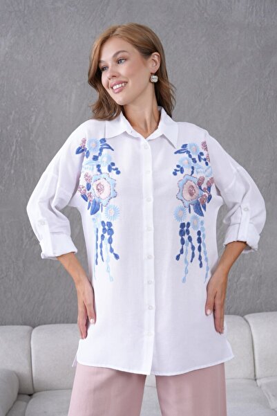 MVStore Floral Pattern Embroidery Embroidered Linen Oversize Shirt and Pants