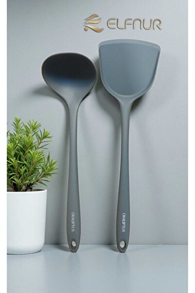 elfnur 2 Piece Hard Tip Heat Resistant Fireproof Non-Stick Silicone Spatula Ladle Set 30 cm