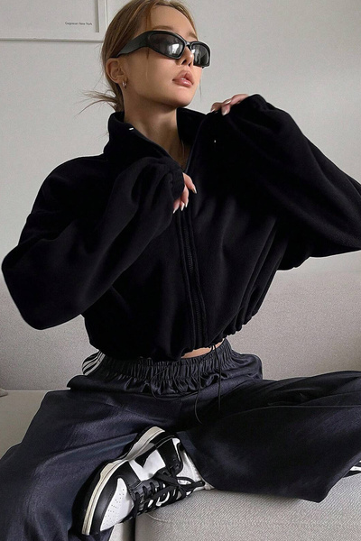 Sun Victoria Women's Black Mock Neck Oversized Adjustable Fleece Crop Sweatshirt