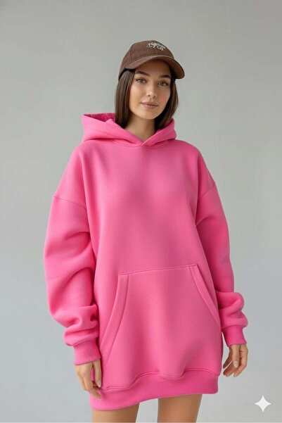 Afri سويت شيرت نسائي قصة فضفاضة باللون الوردي 3 خيوط ش مبطن بالصوف ك بغطاء رأ...