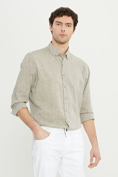 ALTINYILDIZ CLASSICS Altınyıldız ACE020252163 Haki Erkek Comfort Fit Düğmeli Yaka Uzun Kol Gömlek