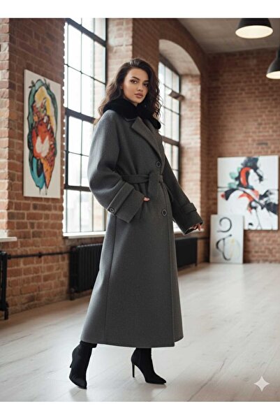 güncüoğlu Oversize Grey Color Loose Casual Coat with Removable Collar and Advertising Sleeves