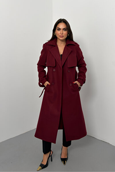 spirituel Women's Coat Long Cashmere Belted Buttoned Pocketed Double Breasted Premium Coat