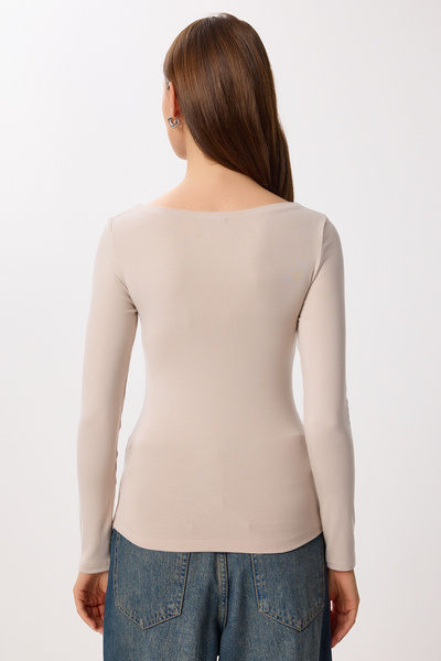 BE CHİC Women's Boat Neck Body Conforming Flexible Soft Touch Modal Fabric Solid Basic Knitted Blouse Ml44112