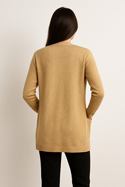 Hayalet Camel Soft Textured Fine Wool Women's Cardigan – Pockets, Relaxed Fit, 75 cm Length