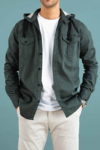 bombe Men's Slim Fit Hooded Denim Shirt Khaki