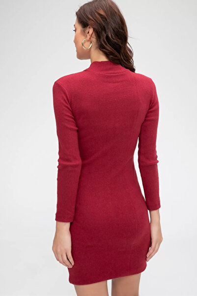 Zikuv Red Ribbed Knit Turtleneck Long Sleeve Bodycon Mini Dress