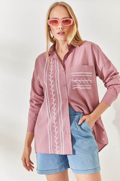 Olalook Women's Dusty Rose Pocket Detailed Printed Boyfriend Woven Shirt Gml-19001398