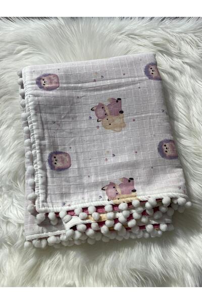 mayakids Baby Pink Fox and Rabbit Patterned Muslin Double-Sided Pompon Blanket