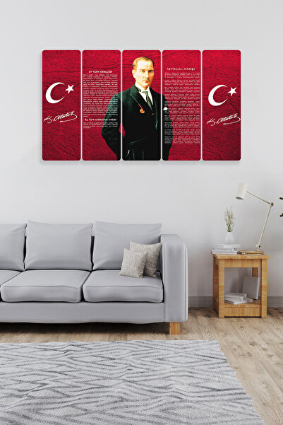 Dekorvia Atatürk İstiklal Marşı ve Gençliğe Hitabe 5 Parçalı Mdf Tablo