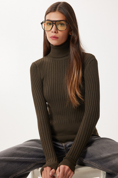 Lovelyİstanbul سترة تريكو قماش مجدّل بياقة مدورة LFN0128 كاكي داكن