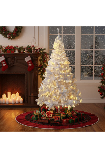 PROCART Brad artificial alb iluminat, 195 cm, 360 LED-uri alb cald, 936 ramuri dense, suport metalic