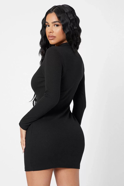 Zikuv Black Ribbed Knit Turtleneck Long Sleeve Bodycon Mini Dress