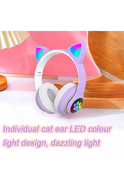 SprintMag Wireless Cat Ear Headphones for Kids, Gaming, Music Calls RGB Lights, Microphone, BT 5.0 Purple