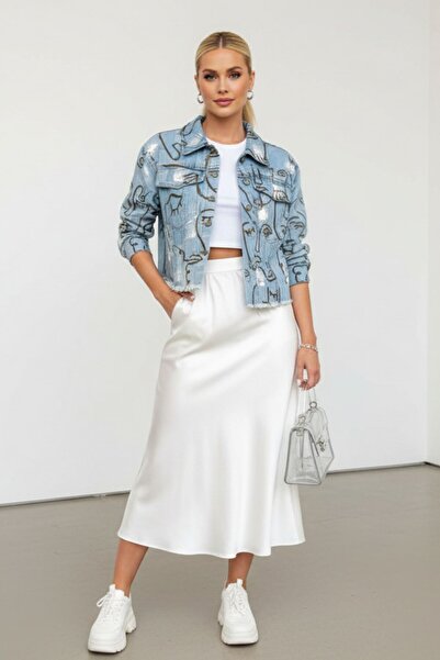 Kübra Tekstil Jachetă de blugi crop pentru femei, cu mâneci lungi, cu nasturi albastre, cu imprimeu - Jachetă pentru femei de sezon nou