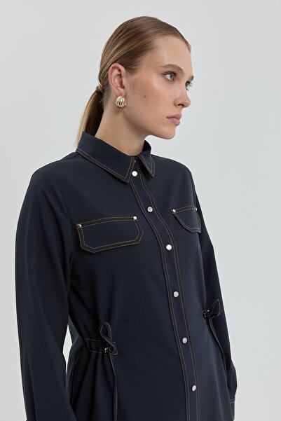 Nihan Beli Büzgülü Süs Cepli Tunik - Lacivert