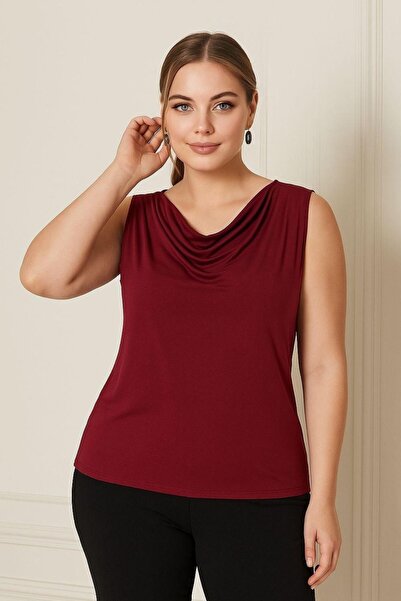 Seamoda Degaje Yaka Sandy Plus Size Women's Basic Blouse 4 Seasons Comfortable Use Stylish Athlete-Bordo