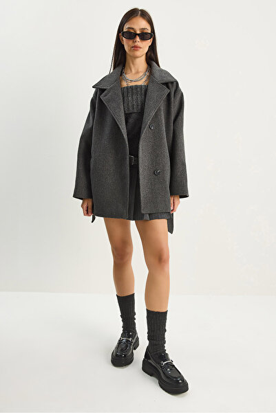 Bianco Lucci Women's Double-Breasted Collar Pocket Detailed Belted Lined Cashmere Coat 0318 60283770