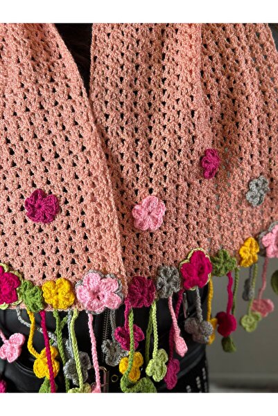 Gönülden Tasarım Hand Knitted Flowered Pink Women's Beanie Necklace Scarf Set