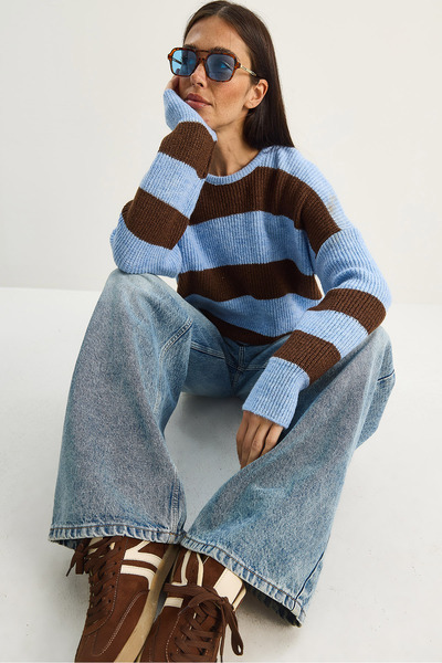 Bianco Lucci Pulover tricotaj casual cu dungi guler rotund pentru femei 60283779