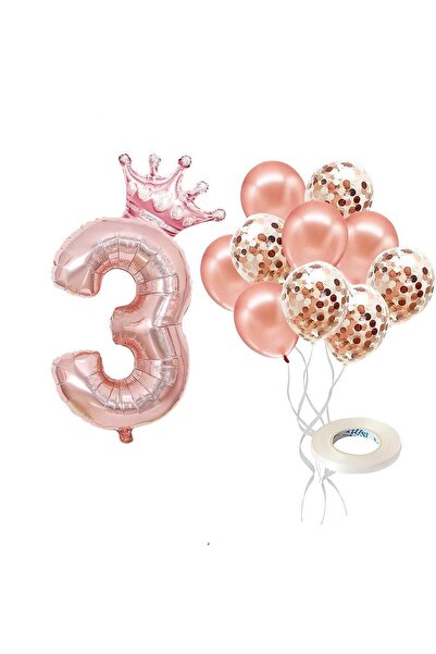 Parti Zamanı 3 Rakam Rose Gold Folyo Balon, Kral Tacı Ve Konfetili Rose Gold ...