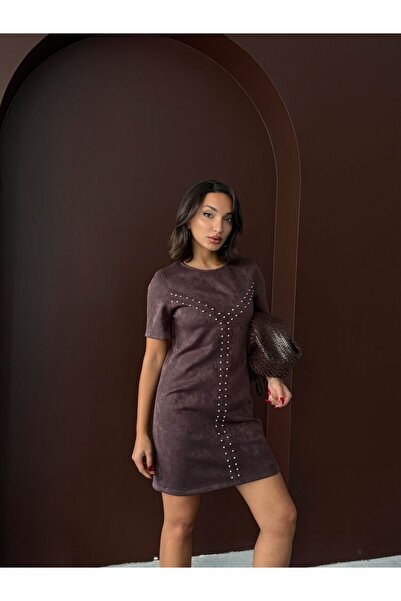 cemo Women's Black Staple Detailed Suede/Faux Leather Mini Dress Short Sleeve Evening Dress