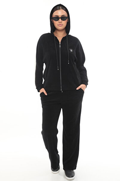 EXİTLİNE Women's Winter Special Embroidered Zippered Hooded Stone Black Velvet Tracksuit Set