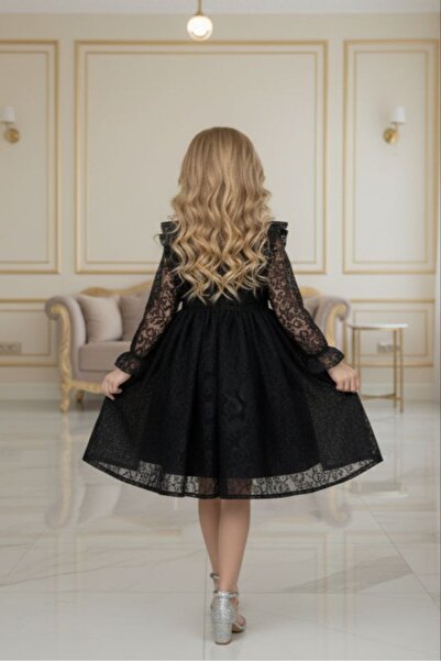 ABİYEKİDS Lace Midi Length Black Children's Evening Dress Aby239