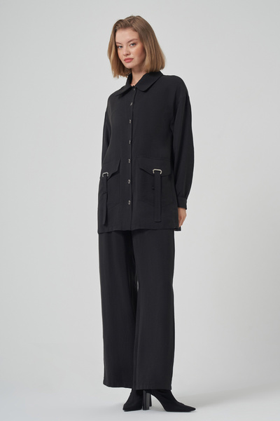 Nuss Snap Fastener and Pocket Detail Shirt Pants Set 1025 Black