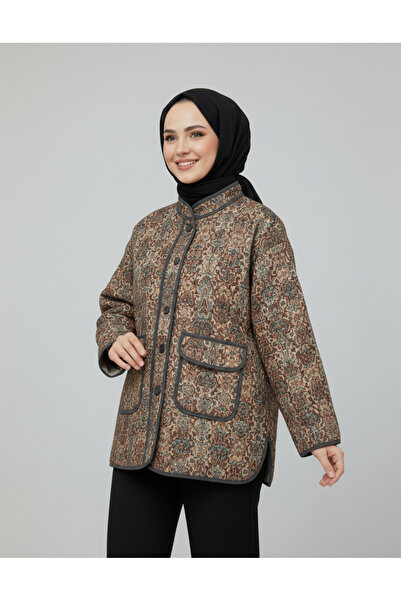 BENAHOLL Jachetă cu model etnic cu guler încrucișat cu nasturi cu buzunare duble Edwina-HE8415 kaki
